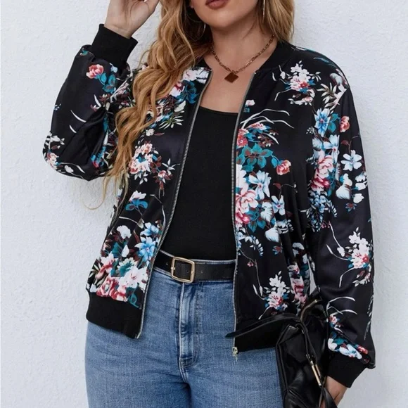 SHEIN Jackets Coats New X Shein Black Floral Bomber Jacket
